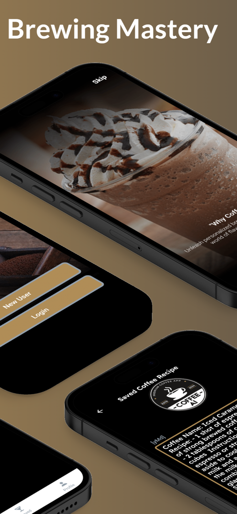 Capturas de pantalla de la aplicación Coffee-AI que muestran una receta de frappé y la pantalla de inicio de sesión
