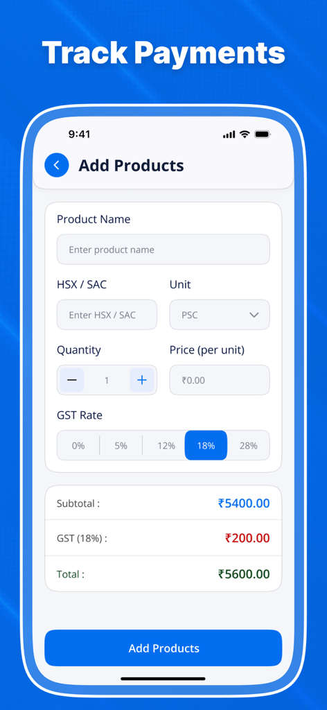 Mobile app screen for adding products to a GST invoice with price and tax calculation