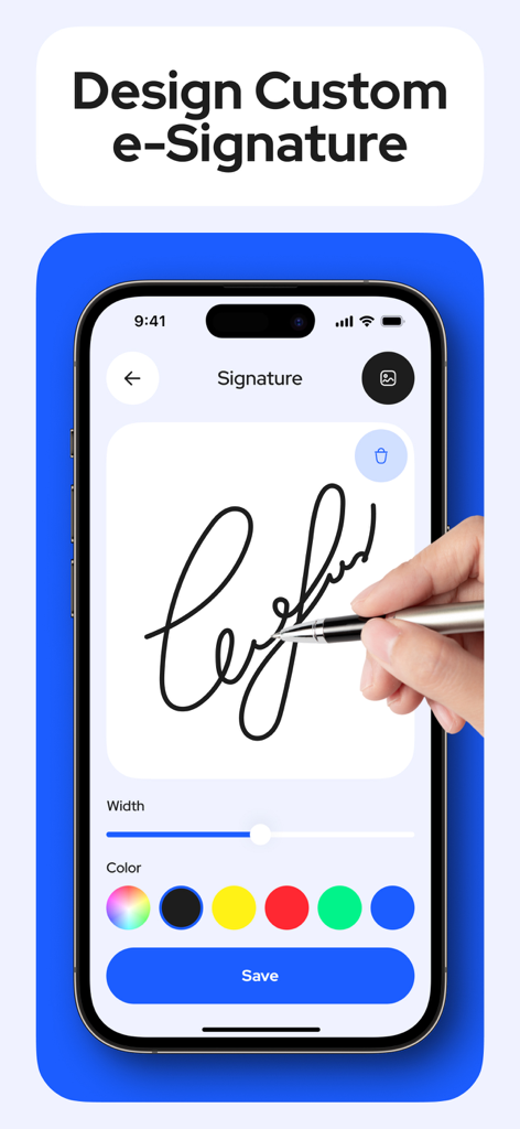 モバイルアプリ画面上で、色や太さのオプションを使ってカスタムデジタル署名を作成している様子