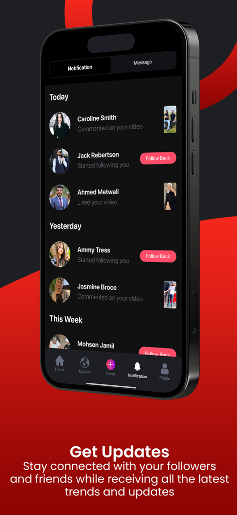 Redz: Explore content nearby - Redz app notifications screen displaying user interactions like comments likes and new followers