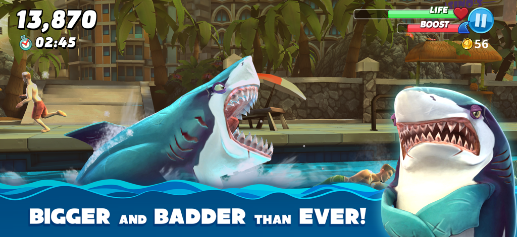 A giant shark jumping out of a resort swimming pool in Hungry Shark World