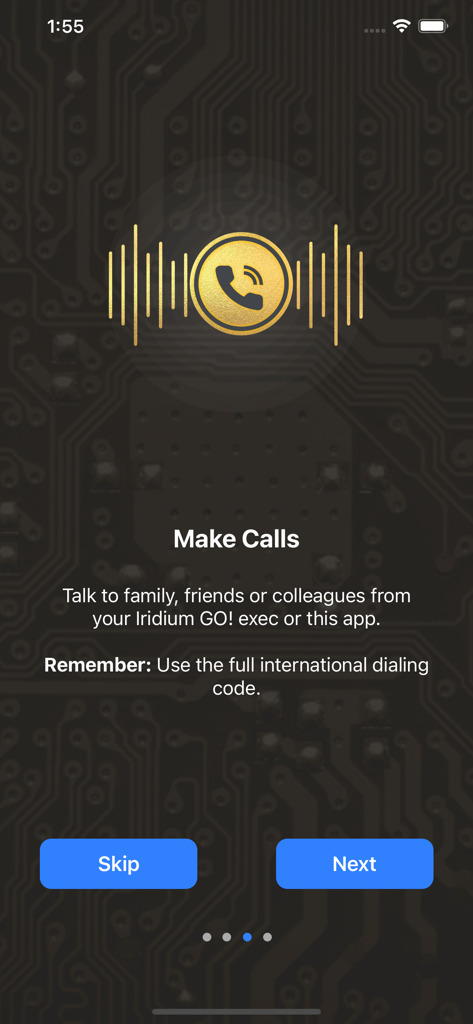 Iridium GO! exec - Iridium GO exec onboarding screen explaining how to make satellite calls with international dialing instructions.