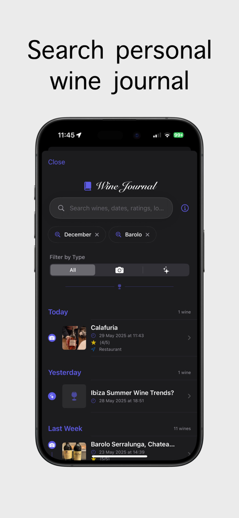 Wine Identifier: AI Scanner - Una interfaz de aplicación móvil que muestra un diario de vinos personal con capacidad de búsqueda, calificaciones e historial de catas.
