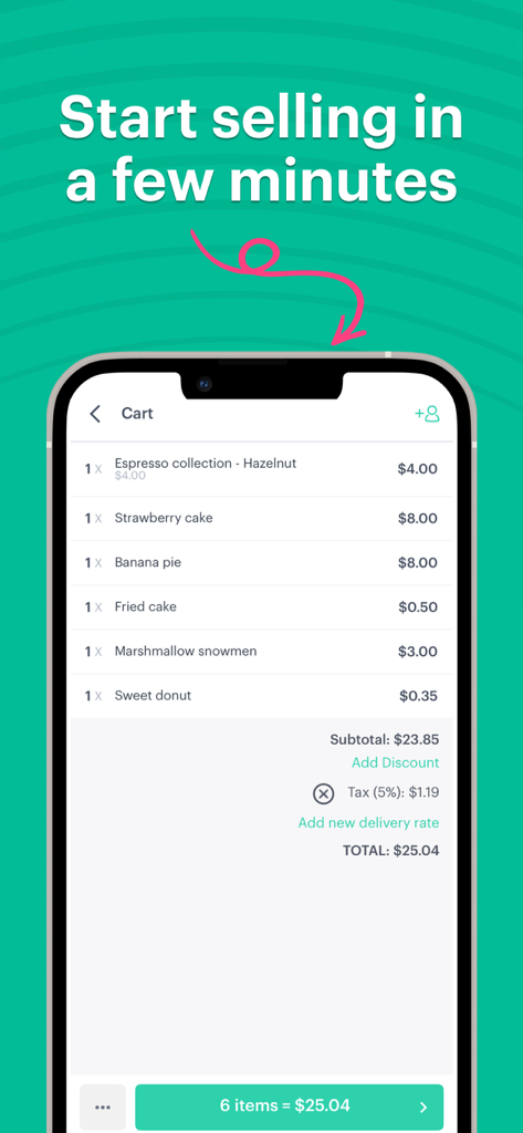 Kyte: POS, Inventory and Store - Mobile POS interface of Kyte app showing a shopping cart with total calculation