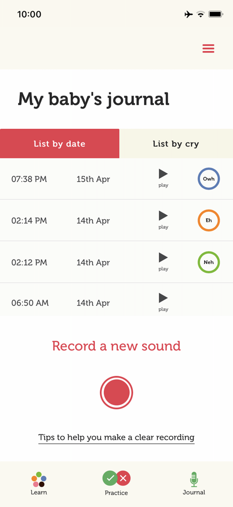 Dunstan Baby app journal interface showing a list of baby cry recordings and a record new sound button