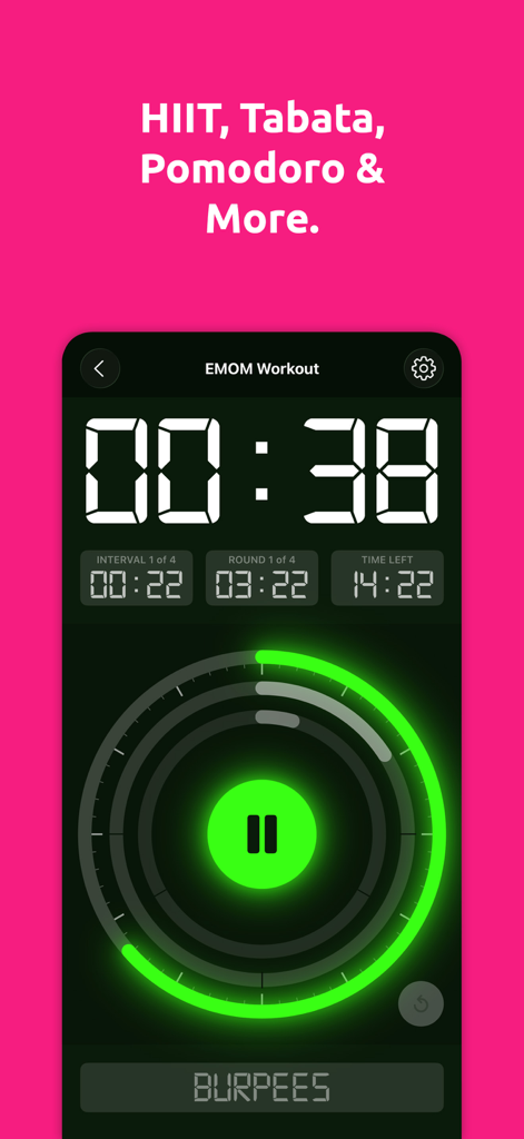 BeepWatch Interval Timer - BeepWatch app interface featuring a high contrast EMOM interval timer with neon green circular progress rings and large digital digits
