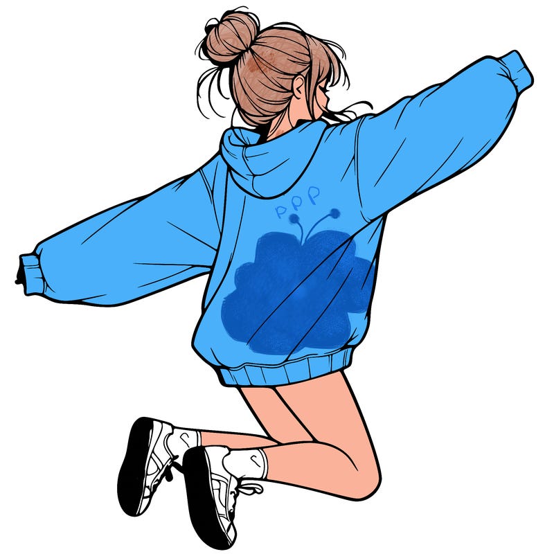 realistic girl jumping with a bun and oversized sweatshirt