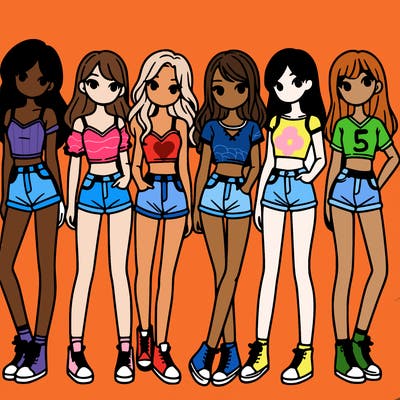 a group of girls wearing crop tops and shorts