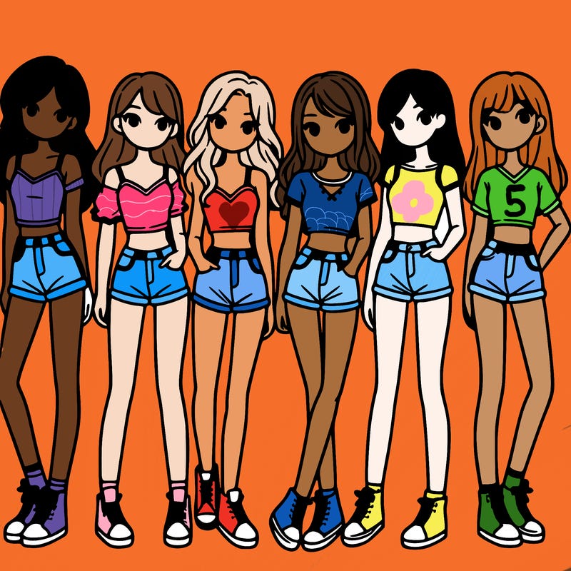 a group of girls wearing crop tops and shorts