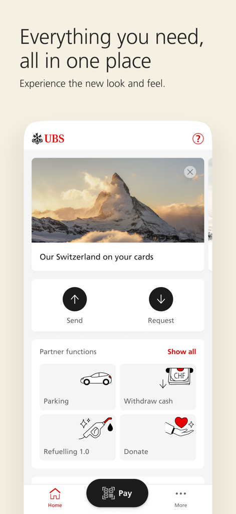 The home screen of the UBS TWINT app featuring options for sending and requesting money, parking payments, and cash withdrawals.