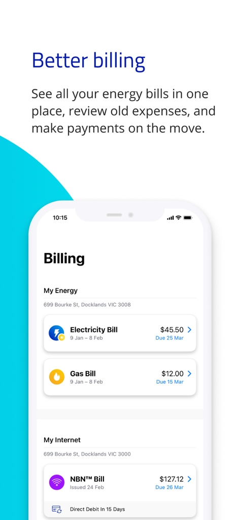 AGL - Mobile interface of the AGL app displaying electricity gas and internet bill summaries in a consolidated dashboard