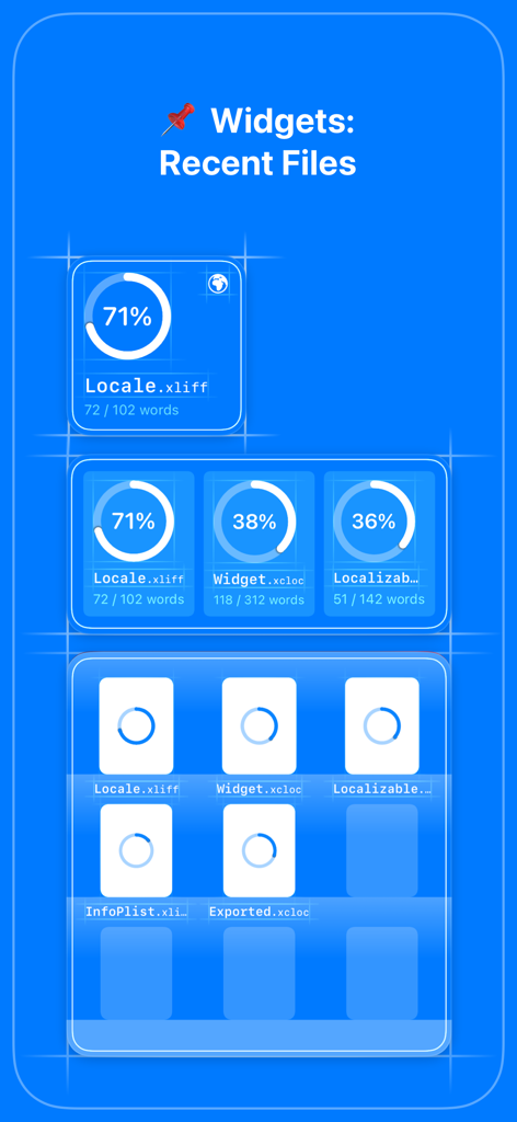 iOS widgets for AI App Localization displaying translation progress for recent localization files.
