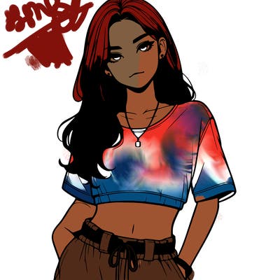 realistic girl witha crop top and baggy pants