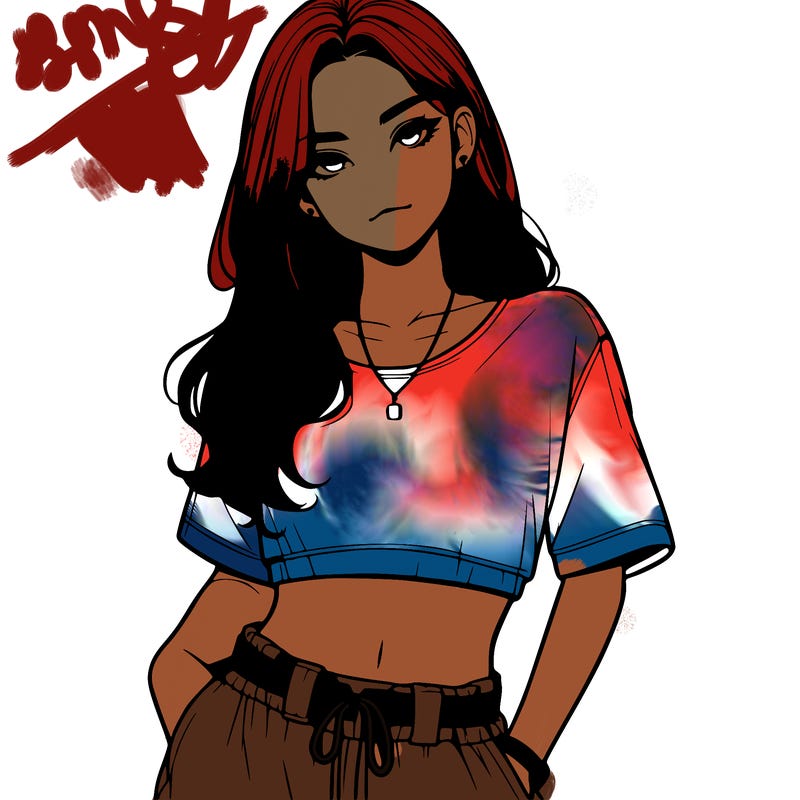 realistic girl witha crop top and baggy pants