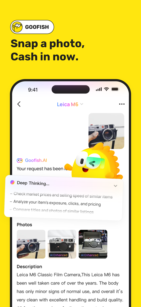 Goofish - Selling & Buying - Goofish app screenshot showing an AI-powered listing for a Leica M6 camera with market price analysis