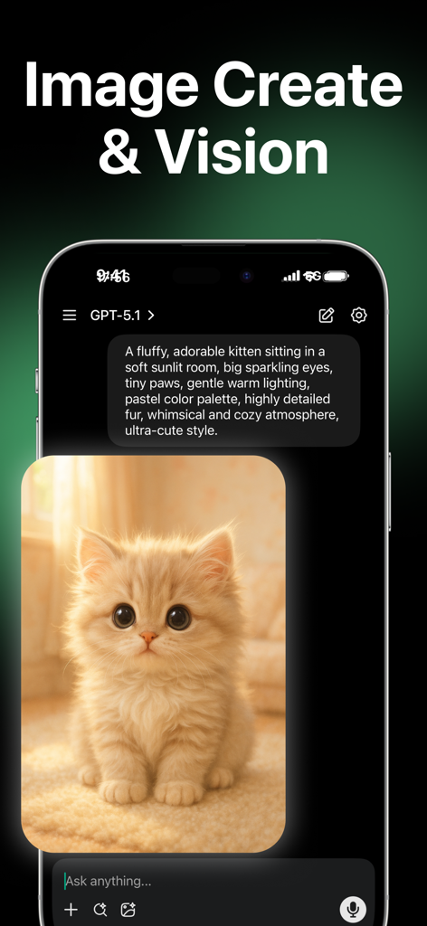 Application Gigachat montrant la fonction de création d'images générant un chaton moelleux à partir d'une invite textuelle.