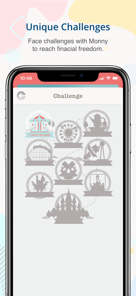 Monny - A screenshot of the Monny app showing a theme park themed map for unique financial tracking challenges.