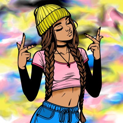 realistic teenage girl with braids and a beanie and crop top doing 🫶🏼