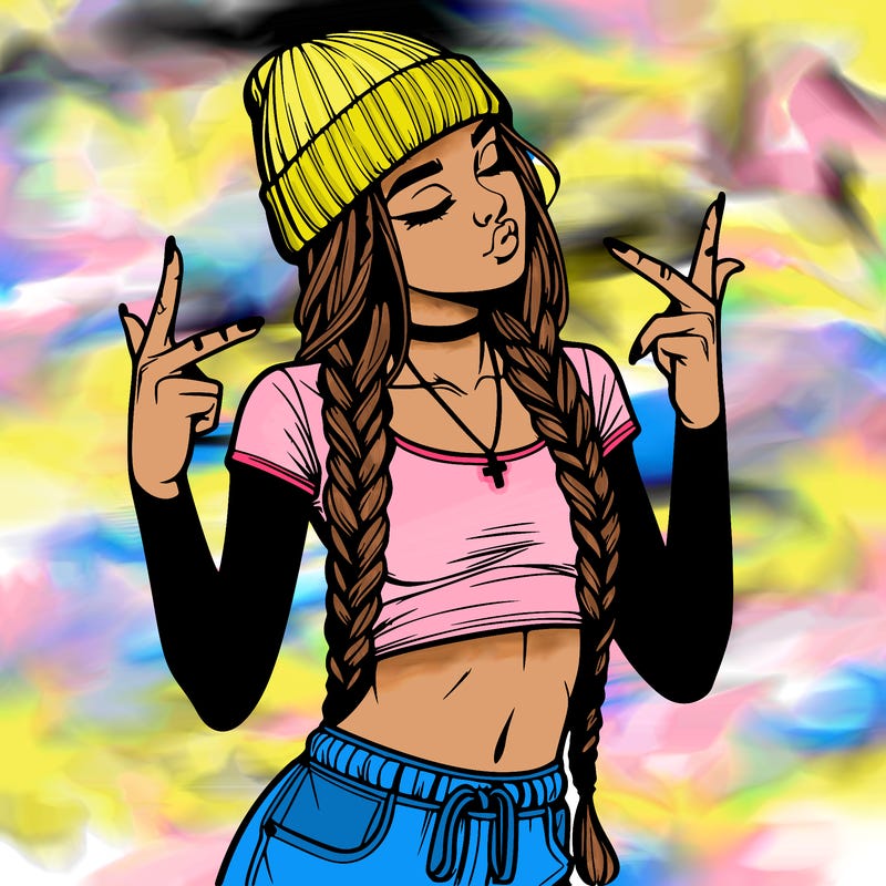 realistic teenage girl with braids and a beanie and crop top doing 🫶🏼
