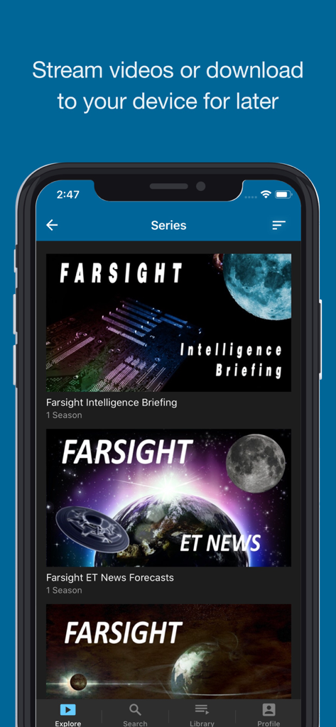 FARSIGHT TV - Écran d'iPhone montrant la page de séries de l'application FARSIGHT TV avec des prévisions d'Intelligence Briefing et d'ET News