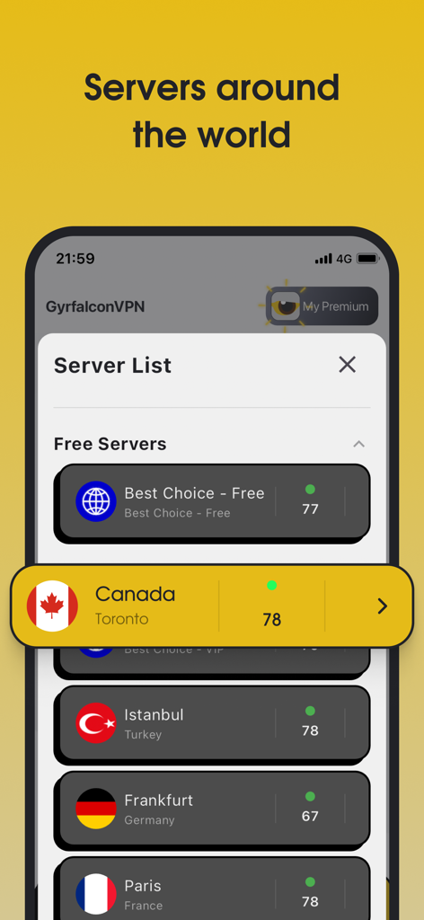 Globale Serverliste in der Gyrfalcon VPN App mit internationalen Standorten wie Kanada, Türkei und Deutschland.