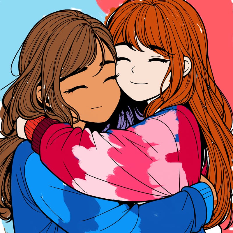 realistic two girls hugging