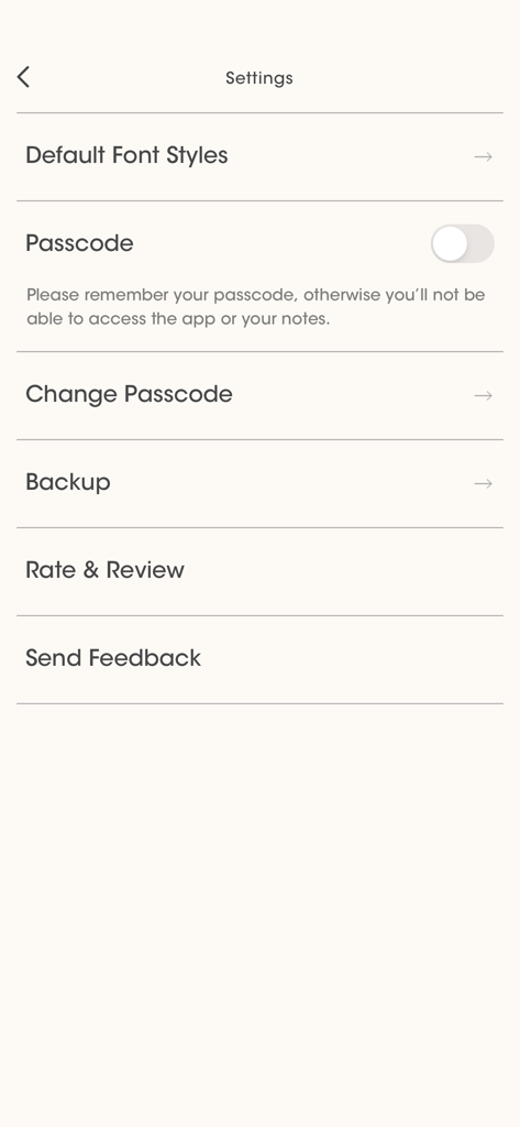 Simplife - The settings menu of the Simplife app featuring security and backup options.
