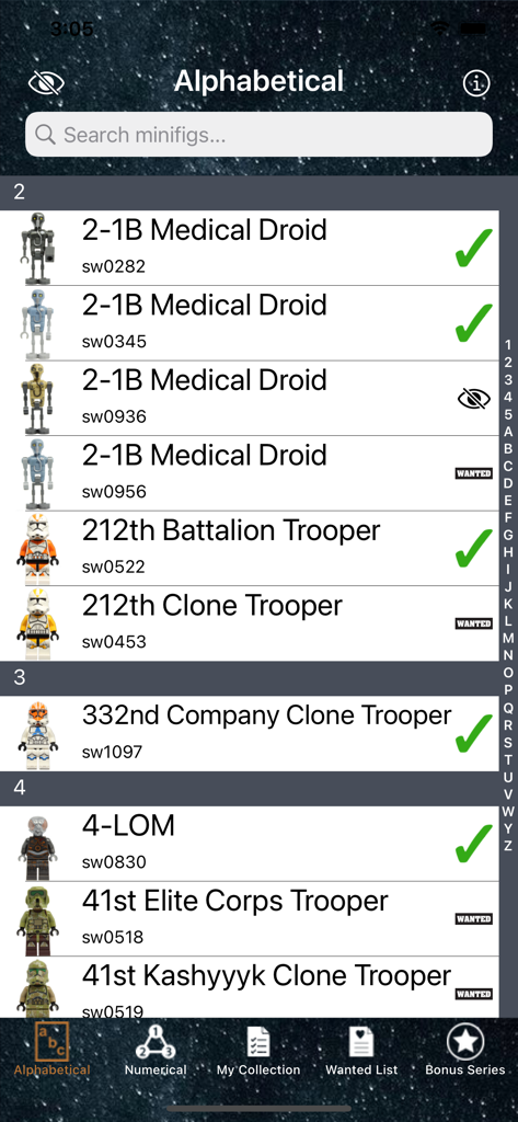 Alphabetical list of LEGO Star Wars minifigures with owned and wanted status markers in the LSW Collector app