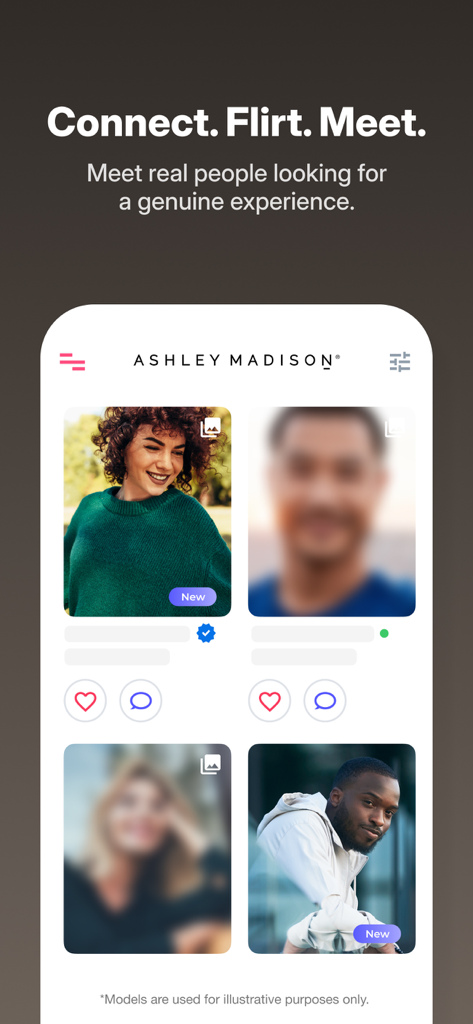 Ashley Madison Discreet Dating - Ashley Madisonアプリのインターフェース。プライバシーのためにぼかされた写真が表示されているユーザープロフィール