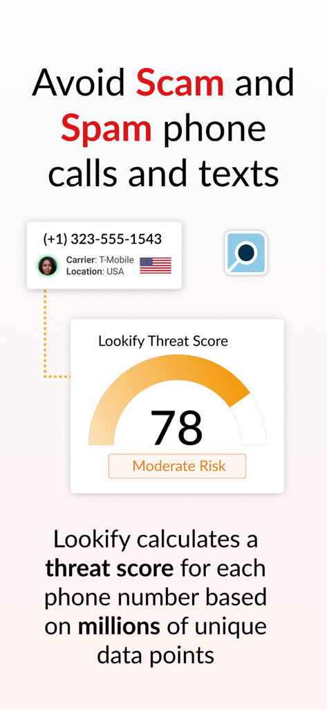 Lookify - Reverse Phone Lookup - Lookify app interface displaying a moderate risk threat score of 78 for an unknown phone number