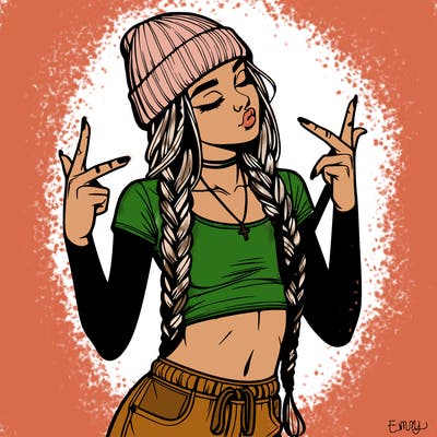 realistic teenage girl with braids and a beanie and crop top doing 🫶🏼