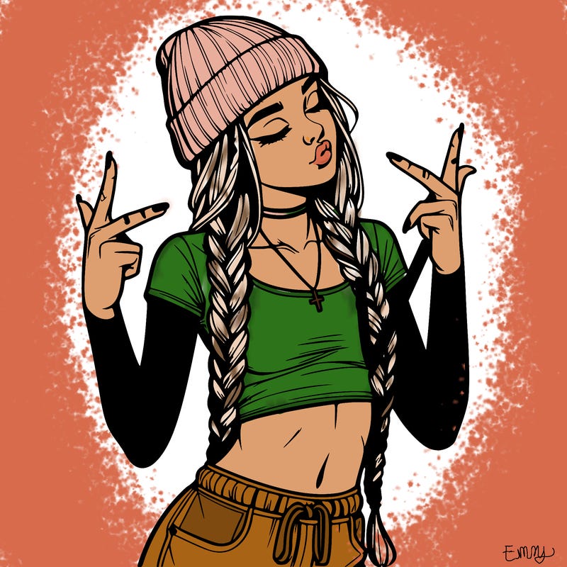 realistic teenage girl with braids and a beanie and crop top doing 🫶🏼