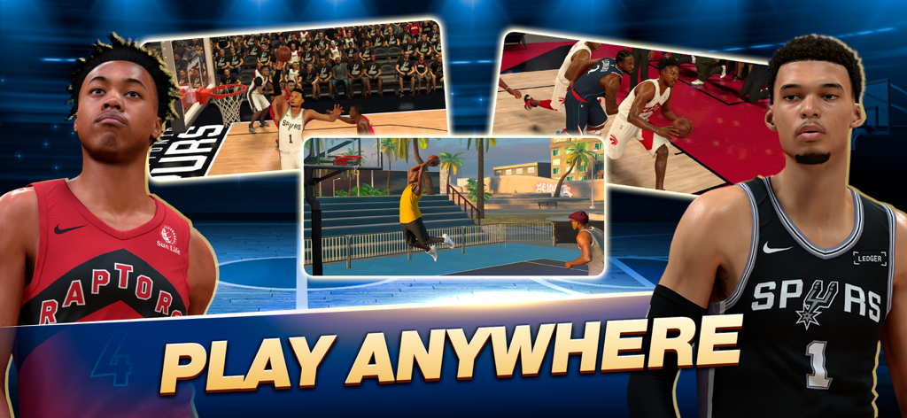NBA 2K Mobile Basketball Game screen showing pro players and the slogan Play Anywhere