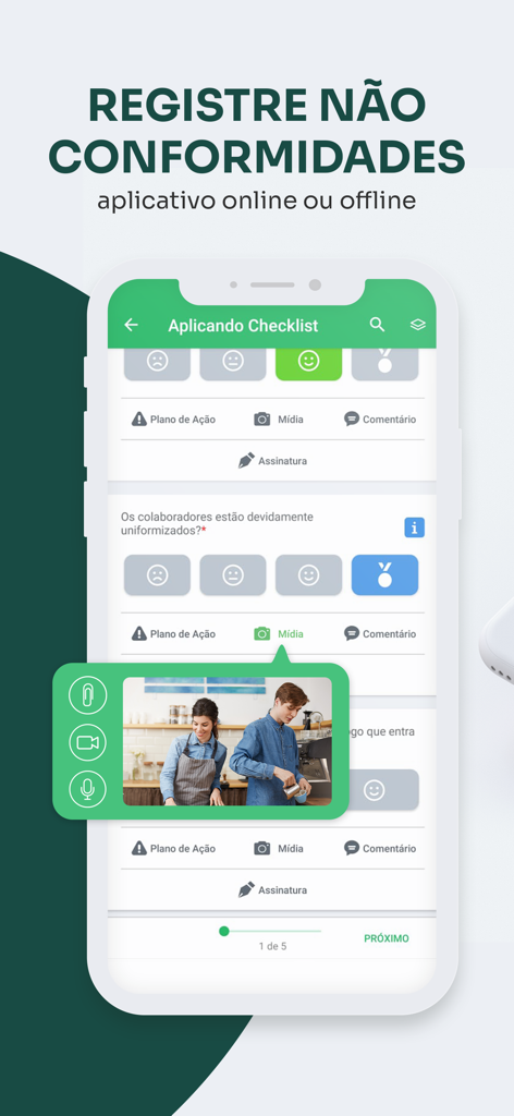 Mobile app interface showing a non-conformity report with a photo attachment of staff in a cafe for operational auditing.
