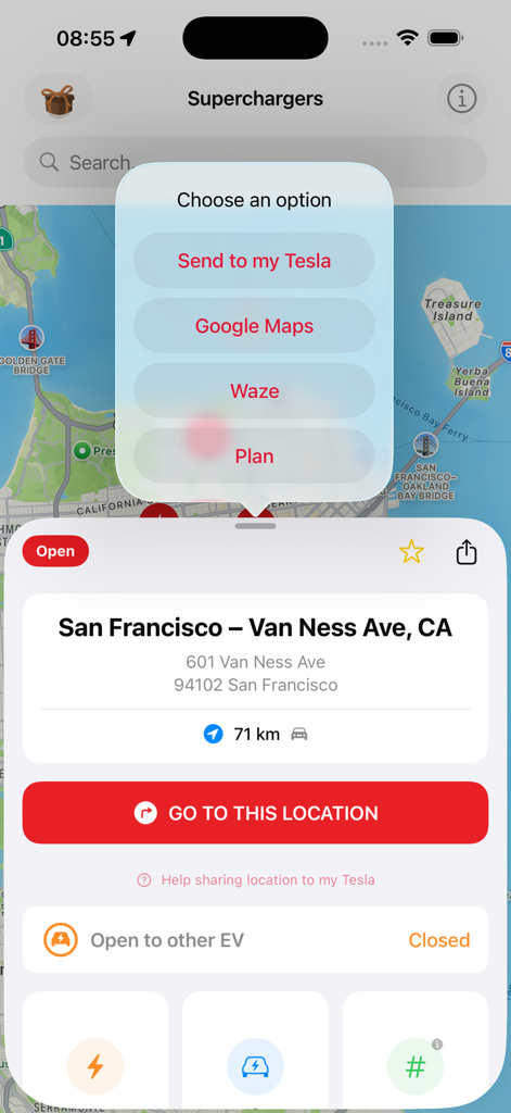 Supercharger for Tesla Station - Interface of Supercharger for Tesla Station app showing station details and navigation options for a San Francisco location