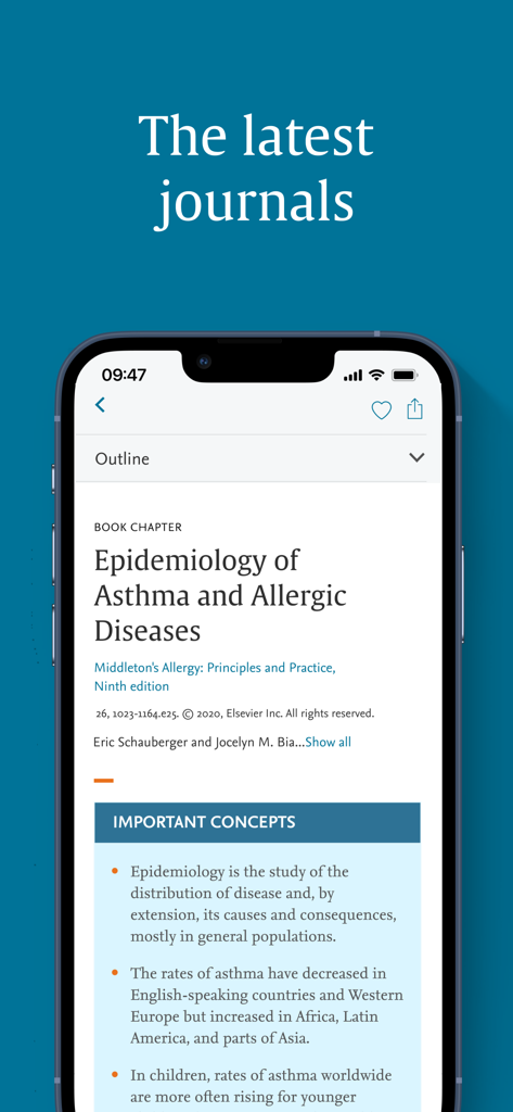 ClinicalKey - A smartphone screen displaying a medical book chapter about asthma epidemiology on the ClinicalKey app