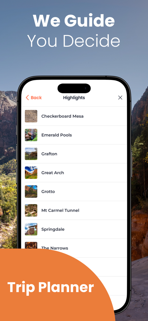 Mobile app screen showing a list of Zion National Park highlights including Checkerboard Mesa and The Narrows.