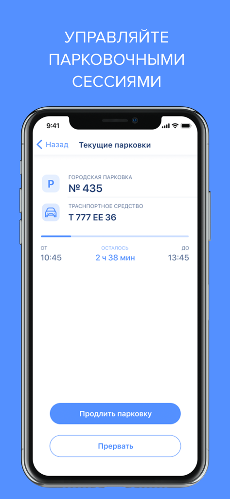RuParking app interface showing a current parking session with time remaining and buttons to extend or stop parking.