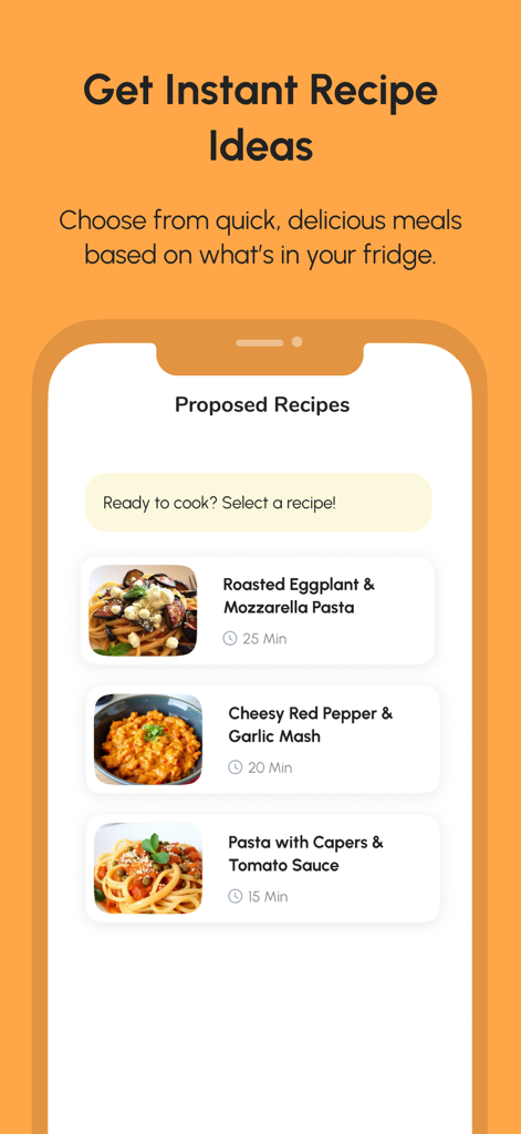 FridgeGuru: Instant Recipes - La aplicación FridgeGuru muestra una lista de recetas propuestas basadas en ingredientes de la nevera, incluidas opciones de pasta y puré