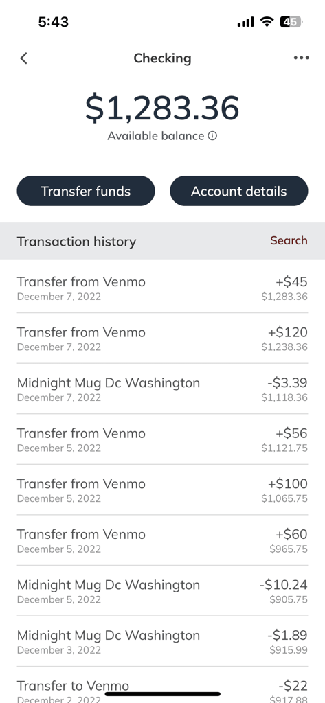 Georgetown Alumni & Student CU - Georgetown Alumni and Student Credit Union mobile app checking account screen showing balance and transaction history