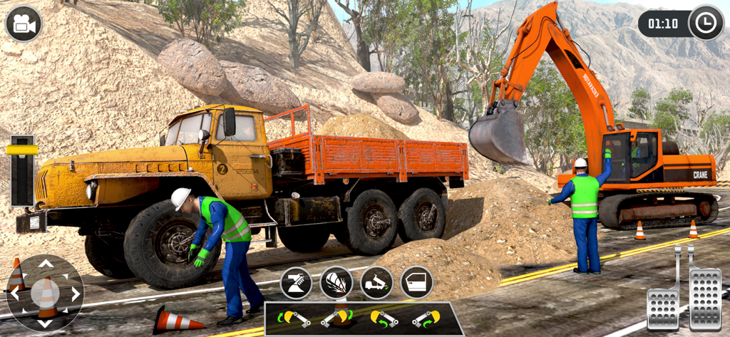 Construction Excavator Games - 3D-Gameplay-Szene mit einem orangefarbenen Bagger und einem gelben LKW auf einer Straßenbaustelle