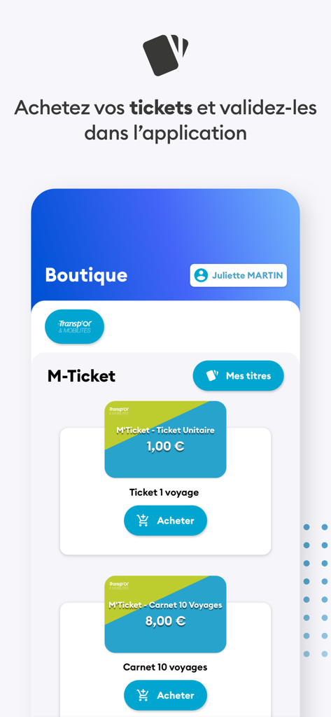 Transp'Or & Mobilités - Mobile ticket purchase screen in the Transpor and Mobilites app