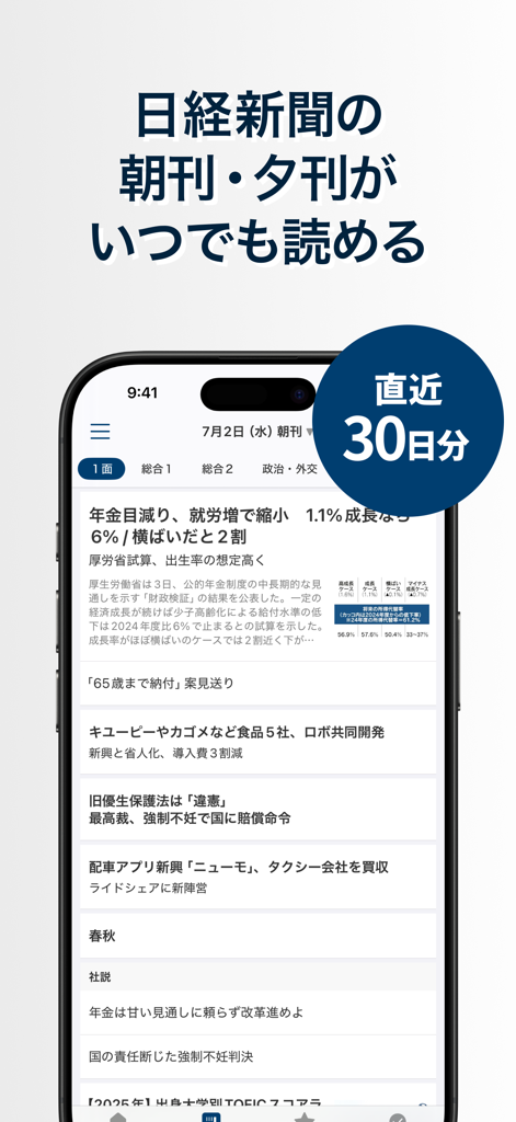 日本経済新聞 電子版 - ビジネス・政治・金融・経済ニュース - 日本のビジネスヘッドラインと30日間のアーカイブバッジが表示された日経ニュースアプリのインターフェースを示すスマートフォンの画面