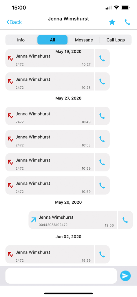 Unity-Mobile - Interface of the Unity-Mobile app showing a detailed call log and messaging history for a specific business contact.