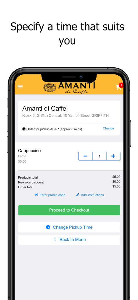 Amanti di Caffeモバイルアプリのチェックアウト画面。コーヒーの注文と受け取り時間の選択オプションが表示されています。