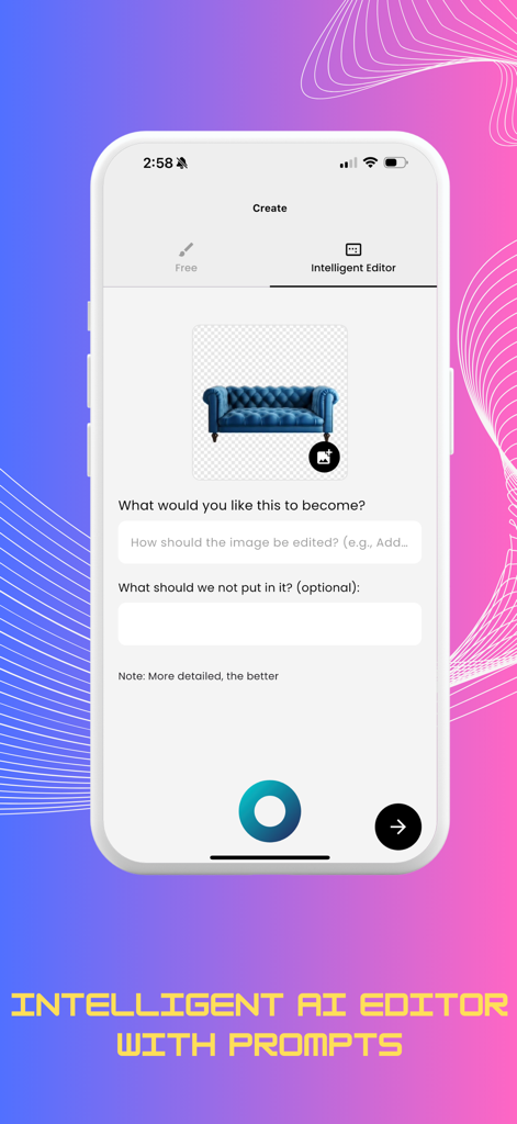 Interfaccia dell'app AIKO che mostra l'Editor AI Intelligente dove gli utenti possono modificare immagini utilizzando prompt di testo.