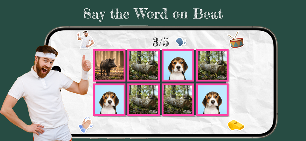 Say the Word on Beat Challenge - Mobile gameplay of Say the Word on Beat Challenge showing a grid of dog and log pictures