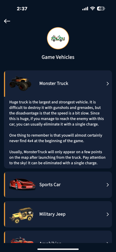 FFF Max Diamond - A guide showing game vehicles like Monster Truck and Sports Car in the FFF Max Diamond app