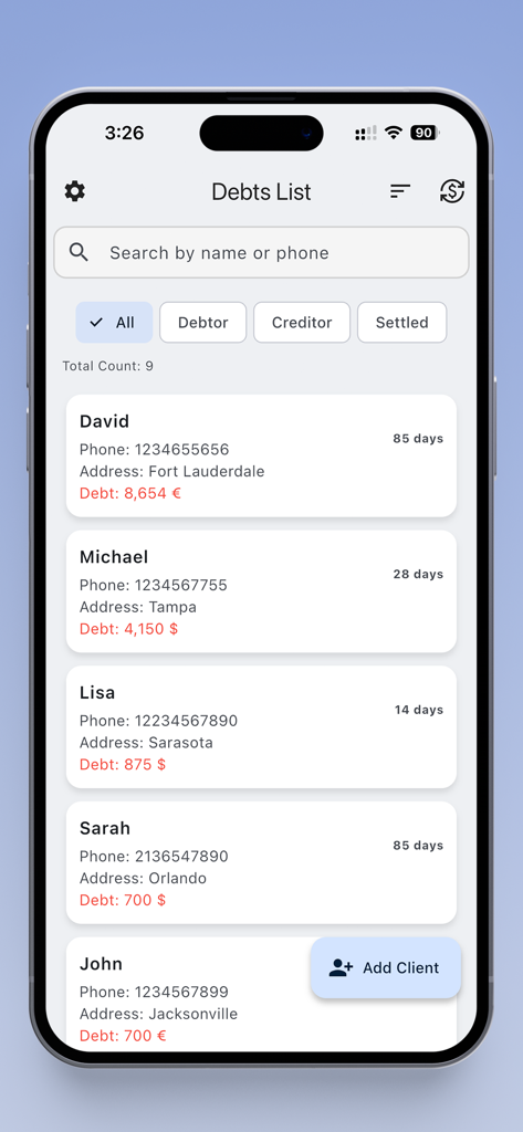 Debt Manager - Money Tracker - A list of personal debts showing contact names, locations, and amounts in euros and dollars within the app.