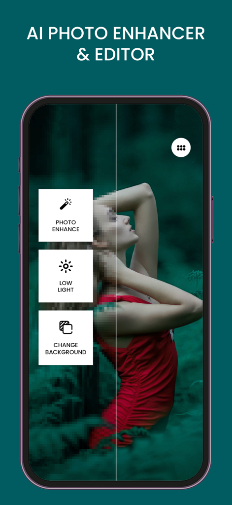 흐릿하고 깨진 원본 사진과 선명하게 향상된 여성 AI 버전의 비교 화면